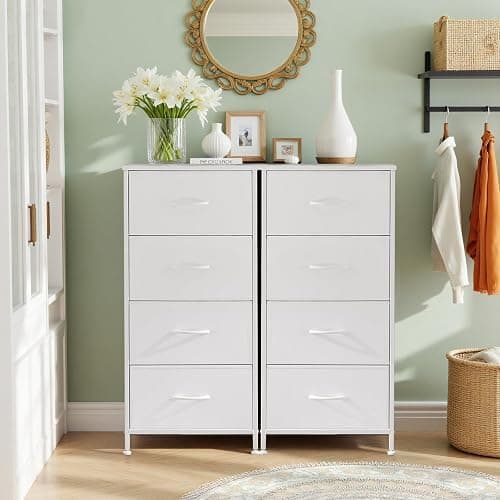 Nightstand, 4 Drawer Dresser End Table Bedside Furniture with Wooden Top Steel Frame Fabric Bins for Bedroom, Closet, Entryway, Dorm, Living Room, White thumbnail 2