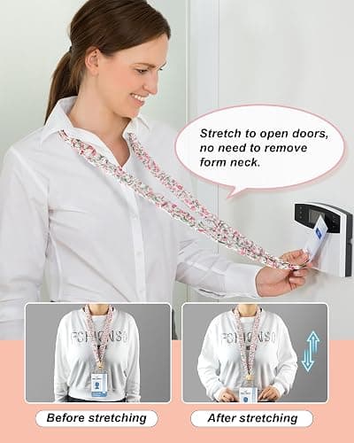 Scrunchie Lanyard with Badge Holder for Teachers & Office Workers | Pink Floral Teacher Lanyard for Women with 2 Card Clear Badge Holder-Soft & No-Tangle thumbnail 4