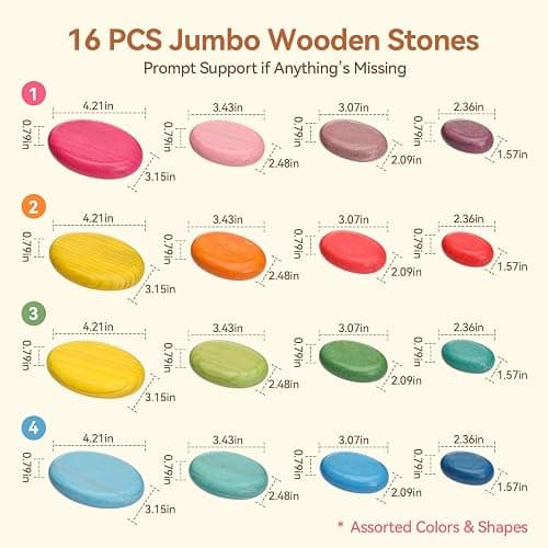 OESSUF Extra-Large Stacking Rocks for Toddlers 1-3, 16 PCS Wooden Montessori Toys, Safe Smooth Jumbo Balancing Stones for Open-Ended Sensory Play, STEM Building Blocks for Boys & Girls thumbnail 6
