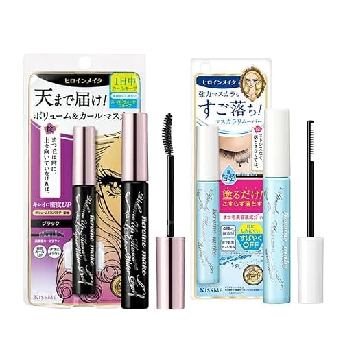 HEROINE MAKE by KISSME Volumizing Waterproof Mascara Volume & Length with Curvy Brush by Defining Fiber for Long-lasting Natural Eyelash Look + Gentle Mascara Remover Oil Free, 2 Set - 2Set-Volume Mascara+Mascara Remover