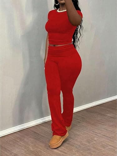 Women's 2 Piece Lounge Sets Crop High Wasit Foldover Flare Leggings Pants Casual Workout Outfits Tracksuit thumbnail 3