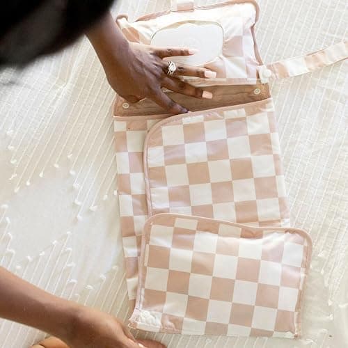 Tiny Twinkle Portable Diaper Changing Pad | Waterproof, Wipeable & Compact Baby Changing Pad for Travel | Smart Wipes Pocket & Organized Storage| Newborn Shower Gift (Beige Checkers) thumbnail 8