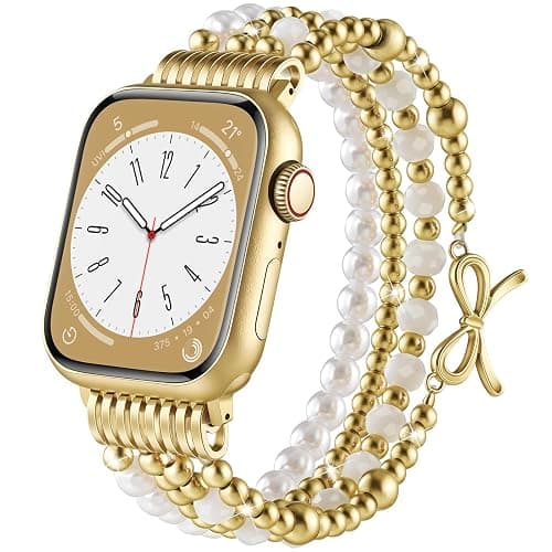 AIRSPO Gold Beaded Bracelets Compatible for Apple Watch Band 38mm 40mm 41mm 42mm Women, Fashion Handmade Dressy iPhone Watch Bands Stainless Steel Beads Elastic Strap for iWatch Series 11 10 9 SE 8 7 6 5 4 3 2 1 Ribbon knot-Gold - Image 1