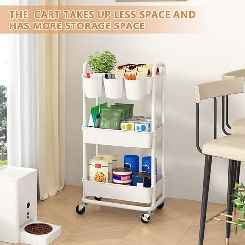 JIUYOTREE 3-Tier Plastic Rolling Storage Cart Utility Cart with Extra Hanging Cups Handles Lockable Wheels for Living Room Bathroom Kitchen Office White thumbnail 4