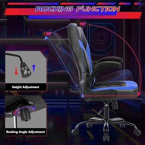 Sweetcrispy Computer Gaming Desk Chair - Ergonomic Office Executive Adjustable Swivel Task PU Leather Racing Chair with Flip-up Armrest for Adults, Kids, Men, Girls, Gamer, Black Blue thumbnail 6