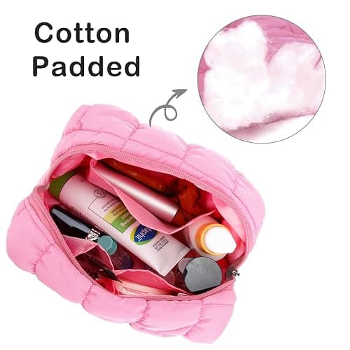 E-Tree Cute Makeup Bag,Quilted Cosmetic Bag for Women,Make up Pouch for Purse,Toiletry Zipper Pouch,Checkered Bag,Travel Case,Storage Pouches for Organization (Pink) thumbnail 4