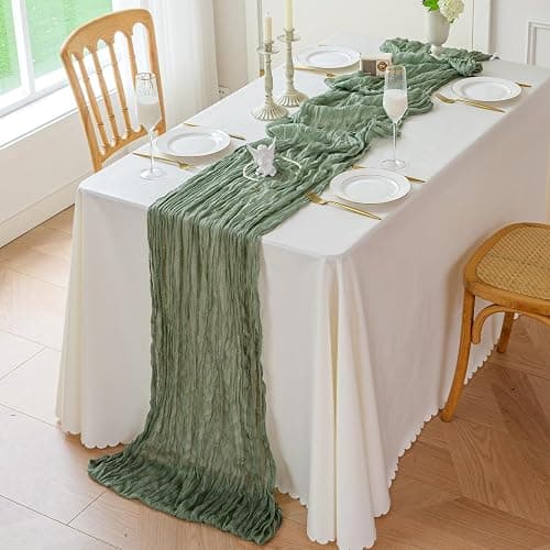 Sioloc Sage Green Cheesecloth Table Runner 120'' x 35'',Spring Easter Decor Soft Gauze Boho Wedding Table Decor for 10ft Table Birthday Party,Baby Shower, Bridal Shower, Home & Event Decor thumbnail 2