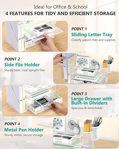 WALI Desk File Organizer, 4 Tier Desktop Paper Letter Tray Organizer with Drawer and 2 Pen Holders, Office Desk Accessories & Workspace Organizers for Office, Home Supplies(DO005DH-W), 1 Pack, White thumbnail 5