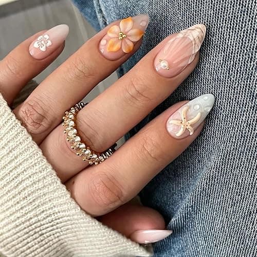 LPOODDNU 3D Embossed Flower Press on Nails - Almond Medium Fake Nails with Starfish&Pearl Designs, Glossy Finished Reusable False Nails with Adhesive Glue Tabs - 24Pcs Nail Kit for Women Manicure thumbnail 2