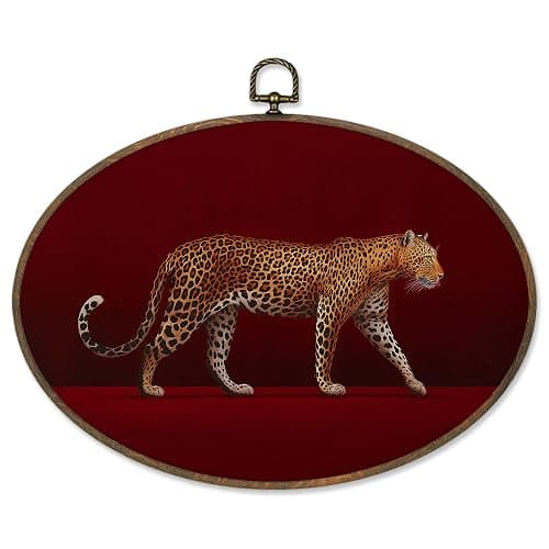 Sviojuce Red Retro Leopard Oval Wall Art Decor 8.6x11.4, Maximalist Luxury Leopard Framed Canvas Prints Wall Artwork, Trendy Cheetah Wall Hanging Decor for Farmhouse Bedroom Living Room Decorations - Image 1