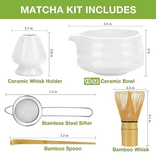 Matcha Whisk Set, Japanese Tea Set (5pcs) includes Matcha Bowl with Spout (19 oz), Bamboo Whisk and Matcha Scoop, Whisk Holder, Stainless Steel Sifter, Tea Making Tools, Matcha Kit thumbnail 3