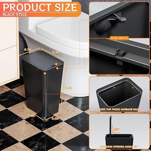 Yieach Black Slim Bathroom Trash Can with Lid,1 Pack 3.17Gallon/12 Liter Narrow Toilet and Bathroom Garbage Can,Plastic Pet/Dog Proof Trash Can with Covered,Small Waste Basket for Room/Kitchen/Office - Black - 1 thumbnail 2
