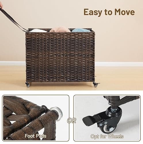 Laundry Hamper with Wheels, 52.8 Gallon(200L) Rolling Laundry Basket with Lid, 3-Section Rattan Clothes Hamper with 3 Removable Liner & 3 Mesh Bags, Laundry Sorter with Side Pocket, Brown thumbnail 6