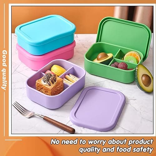 Layhit 4 Pcs Silicone Bento Box for Adults, 27 oz Bento Lunch Container Reusable Food Container for Women Men, Leak Proof Microwave Dishwasher Freezer Safe (3 Compartments,Bright Colors) thumbnail 4