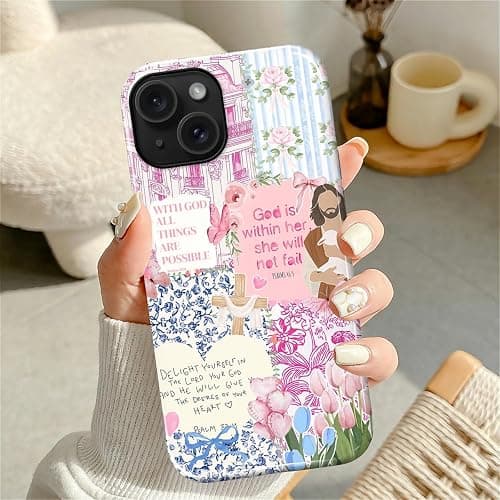 COTAIL Case Designed for iPhone 15, Hybrid 2-Layer Case, Military-Grade Protection Durable Shockproof Anti-Scratch Phone Case, Pink Blue Jesus Collage thumbnail 2