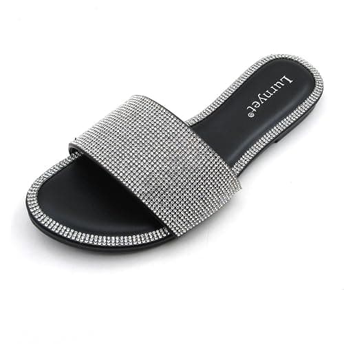 EXEBLUE Women's Glitter Shiny Slide Sandals Fashion Round Toe Slip on Bling Slippers Size 6-10 - Image 1