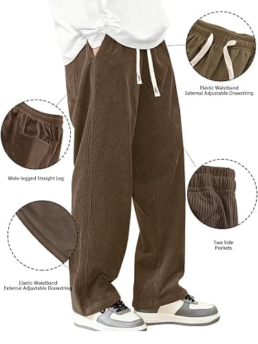 Hidkat Mens Corduroy Casual Pants Fashion Loose Fit Wide Leg Pants Straight Sweatpants Elastic Waist Drawstring thumbnail 5
