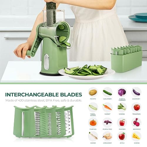 SUSTEAS Rotary Cheese Grater with Handle - Vegetable Shredder with 5 Well-designed Blades & Strong Suction Base,Round Mandoline Slicer & Food Chopper for Kitchen,with Blade Storage Box(Retro Green) thumbnail 3