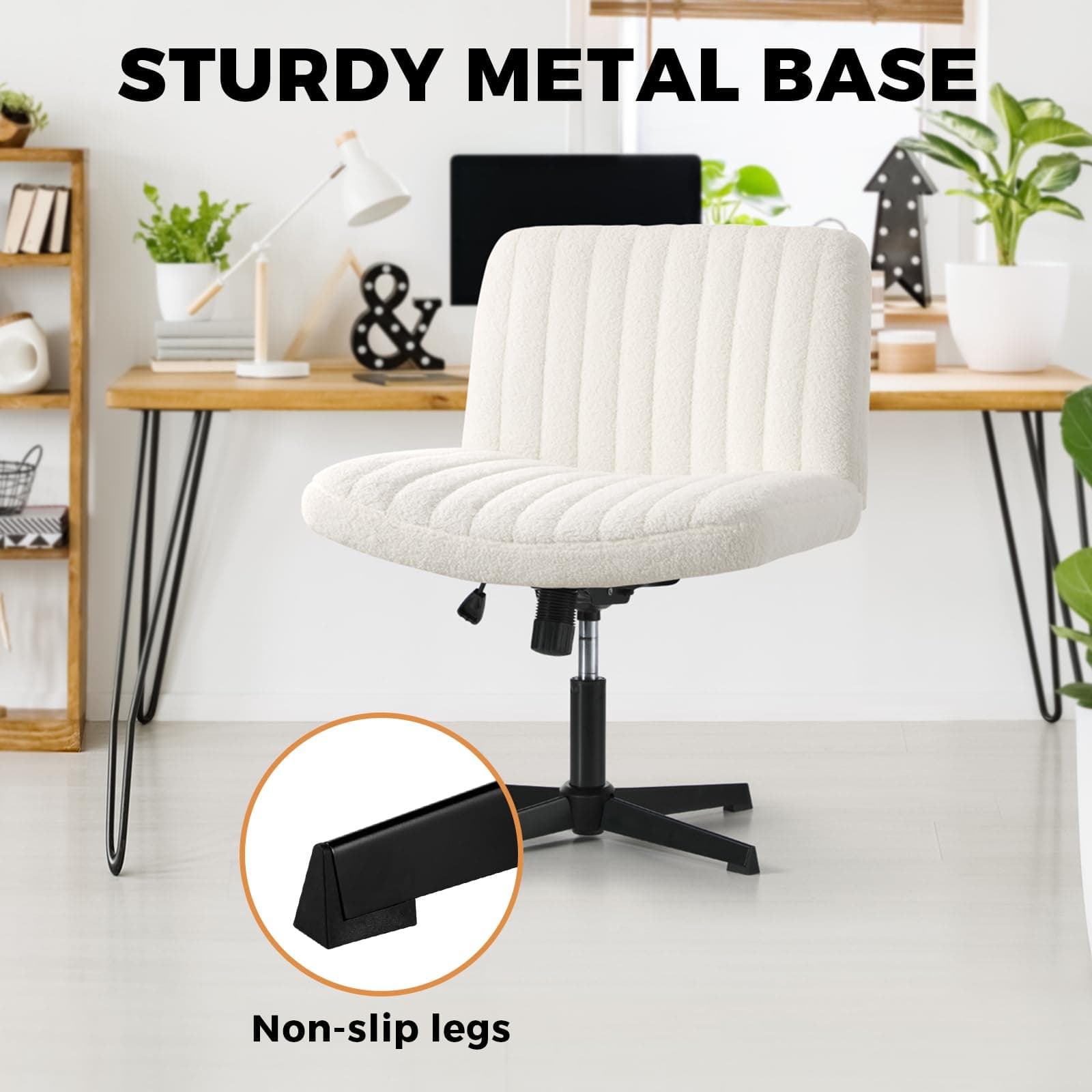 Oikiture Home Office Chair with Sherpa Fabric and Wider Seat White Cross Legged Office Chair thumbnail 7