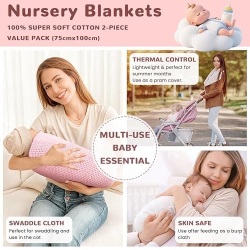 HAGOT 100 * 75cm Newborn Cotton Baby Cellular Blanket, Kids Baby Blanket, suitable for Pram, Car Seat and Cot Bedding thumbnail 4