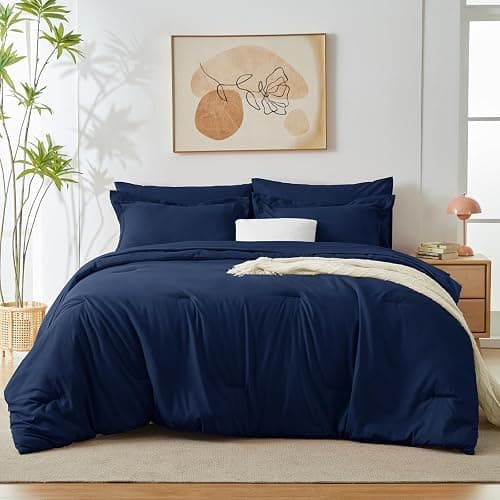 HIMEET Full Size Comforter Sets - 7 Pieces Navy Bed in a Bag, Soft Lightweight Bedding Set, All Season Bed Set with Comforter, Flat Sheet, Fitted Sheet, Pillowcases & Pillow Shams thumbnail 8
