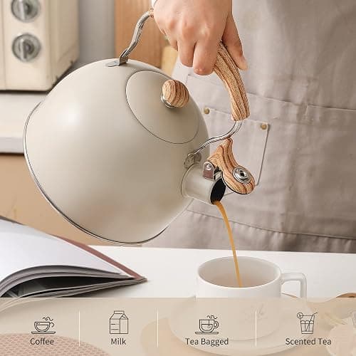 LONFFERY Tea Kettle for Stove Top, 2.5 Quart Whistling Tea Kettle, with Food Grade Stainless Steel and Wood Pattern Folding Handle, Creamy White thumbnail 5