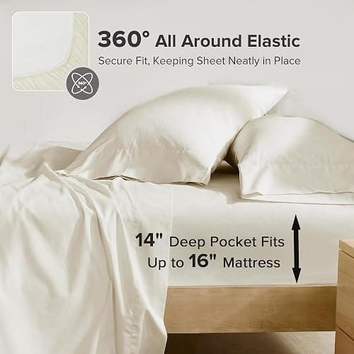 Comfort Spaces 100% Cotton Percale Sheets King Sheet Set 4 Pcs, Ivory | Crisp, Cool & Breathable Bed Sheets, 14" Deep Pocket Fits Up to 16" Mattress, Lightweight, All Season Cozy, with Pillow Case thumbnail 3