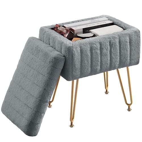 Sweetcrispy Vanity Stool Chair with Storage, 18.9”H x 16”L x 12.2”W Ottoman Chair Faux Fur Soft Padded Makeup Footstools Seat with 4 Metal Legs Anti-Slip Adjustable Feet for Make Up, Grey thumbnail 3