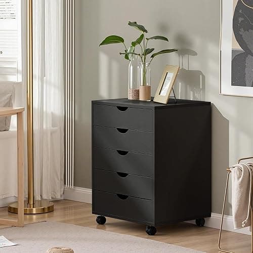 OLIXIS 5 Drawer Mobile File Cabinet Under Desk Storage Organization with Wheels Vertical Filing Chest Rolling Wood Small Desk Printer Stand for Home Office, 15.75"D x 18.74"W x 25.39"H, Black thumbnail 8