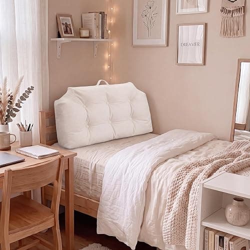 Cinnvoice Portable Headboard Pillow with Handle Twin/Twin XL Dorm Headboard Bed Pillows Removable Chenille for Dorm Room Supplies Housewarming Gift (Cream White) - Image 1
