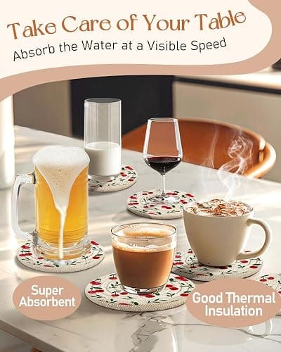 Kokaaee Cup Coasters for Drinks Absorbent - for Coffee Wooden Table Office Cute Farmhouse Outdoor Rustic Desk Kawaii Woven Women Kid Soft Cloth Braided Fabric Girly Cherry Coaster Set of 6 with Holder thumbnail 6