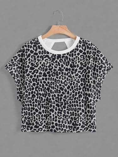 SweatyRocks Women's Casual Oversized Cut Out Open Back Workout Gym Tops | Cheetah Print Short Sleeve Backless Athletic T Shirts thumbnail 3