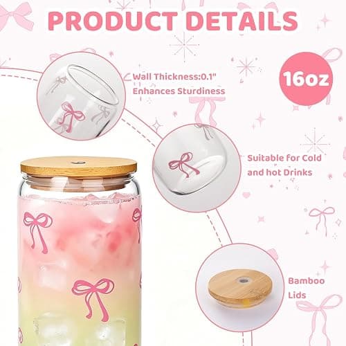 GLECTG 2 Pcs Cute Pink Bow Glass Cups with Lids & Straws, Aesthetic Iced Coffee Cup, Girly Preppy Design Tumbler Mug, Birthday Valentine Gifts for Women, Teen Girl Gifts Trendy Stuff 16OZ thumbnail 6