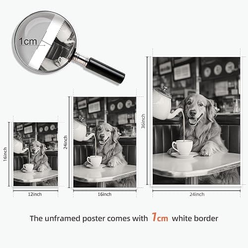 Golden Retriever Drinking Coffee Dogs Print Black And White Vintage Photography Funny Kitchen Wall Art Dining Room Decor Coffee Shop Room Decor Aesthetics 12X16 in Unframed thumbnail 2