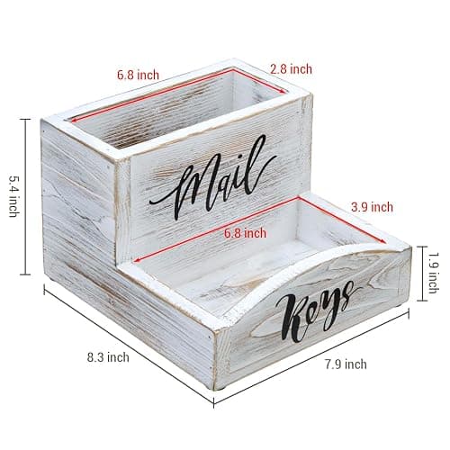 MyGift Shabby Whitewashed Solid Wood Mail Holder and Key Organizer Entryway Storage Tray with Cursive Mail and Keys Word Design, Office Desktop Organizing Bin thumbnail 3