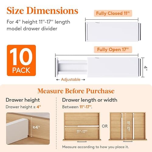 Lifewit 10 Pack 4" High Drawer Dividers 28-43.5cm/11-17" Adjustable Drawer Organizer for Clothes/Utensils, Expandable Drawer Separator in Dresser/Kitchen/Bedroom/Office Organization & Storage White thumbnail 2