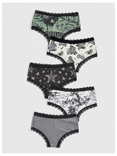WDIRARA Women's 5 Pack Set Goth Graphic Print Mesh Sheer Lace Trim Mid Rise Underwear Briefs thumbnail 2