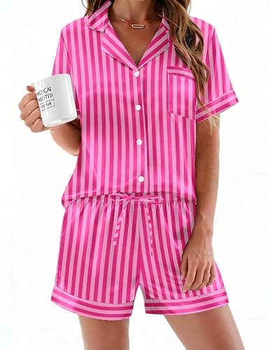 Ekouaer Womens Silk Satin Pajamas Sets 2 Piece Short Sleeve Sleepwear Button Down Top and Shorts Pjs Lounge Wear Sets - Image 1