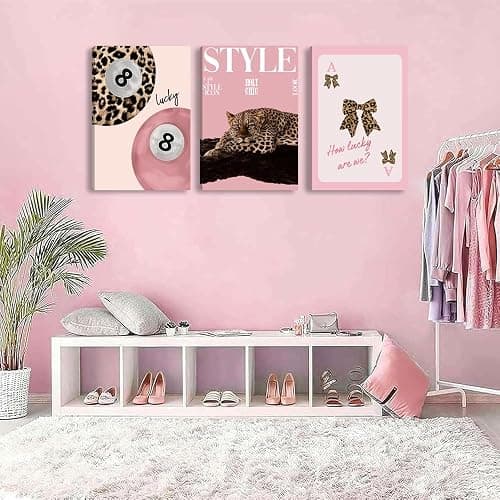 ACWOWO 3 PCS Pink Leopard Bow Canvas Wall Art Fashion Cheetah Painting Poster Lucky 8 Ball Wall Decor Pink Print Pictures for Girls Bedroom Living Room Home Decoration 12 * 16 in (Poster No Frame) thumbnail 5