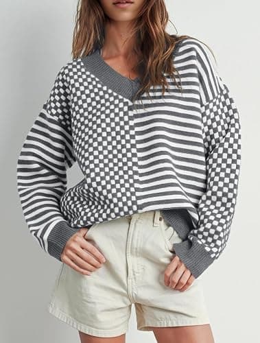 UNCLECAT Women's Striped Checkered Sweater 2025 V Neck Fall Sweaters Casual Knit Trendy Pullover Tops thumbnail 2