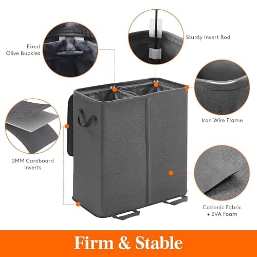 Lifewit Double Laundry Hamper with Lid and Removable Laundry Bags, Large Collapsible 2 Dividers Dirty Clothes Basket with Handles for Bedroom, Laundry Room, Closet, Bathroom, College, 136L Black thumbnail 4