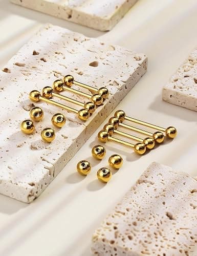 Msndnkwo 14G 16G Nipple Tongue Rings Stainless Steel Straight Barbells Piercing Jewelry Short Long Bar Silver Black Gold Bridge Piercings For Women Men 12Mm 14Mm 16Mm 18Mm Length Ball Size 5MM 6MM thumbnail 7