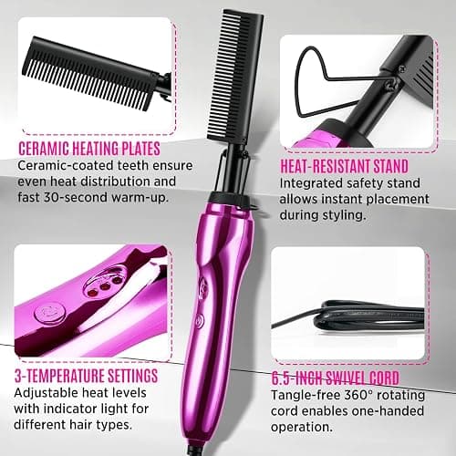 Hot Comb Hair Straightener Set for Lace Front Wigs - Heat Pressing Combs Ceramic Curling Flat Iron Electric Hot Comb for Wigs - Hair Straighteners Straightening Comb for Women Wig Installation Kit thumbnail 2