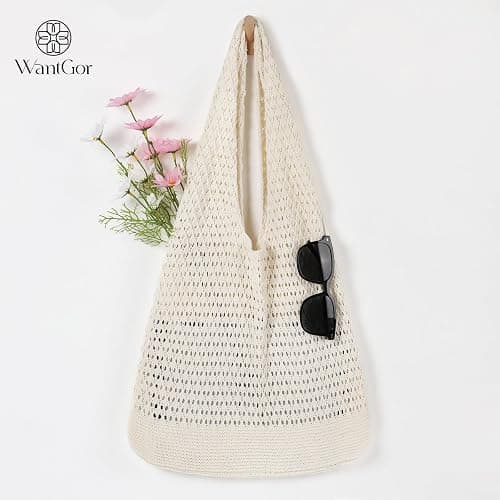 WantGor Crochet Bags, Beach Mesh Tote Bag Womens Shoulder Shopping Handbag Casual Travel Totes Bag Foldable Hobo Bags thumbnail 6