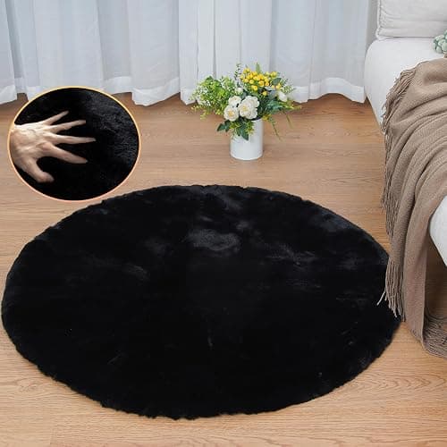 ORINOVA Black Rabbit Shaggy Fur Rug for Bedroom Washable Furry Circle Area Rugs for Living Room Kids Small Round Rug 3ft Nursery Rug - Image 1