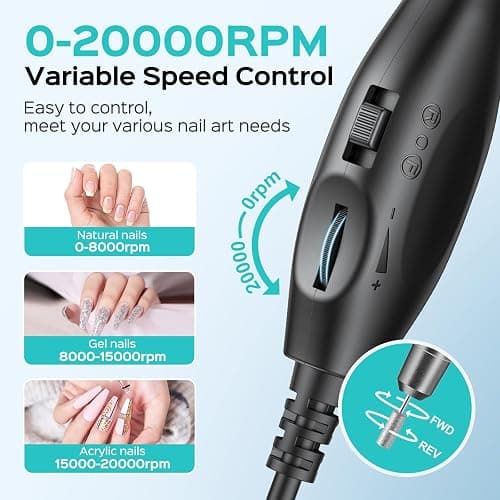 COSLUS Electric Nail Drill File Professional: for Acrylic Gel Dip Powder Nails Portable Nail Drill Machine Kit Manicure Pedicure Tools Polishing Set with Nail Drill Bits Sanding Bands thumbnail 7