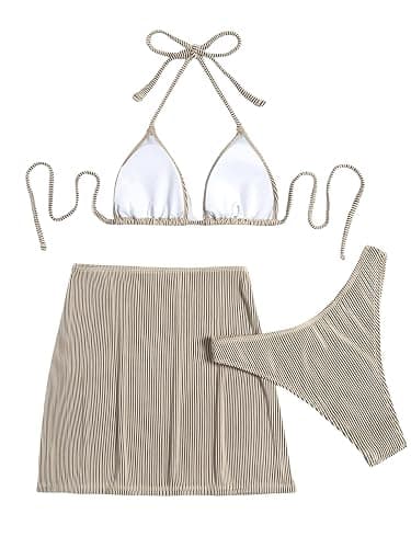 SweatyRocks Women's 3 Piece Zebra Striped Bikini Swimsuit Set & Beach Skirt Set Bathing Suit - X-Small - Khaki thumbnail 4