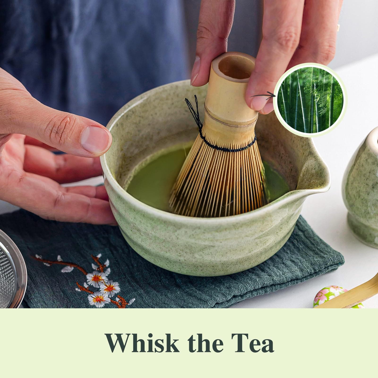 Matcha Whisk Set - 8PCS Kit for Matcha Lover, with Handcrafted Bamboo Whisk Matcha Scoop Matcha Stand Matcha Bowl, Sifter, Tea Cloth (Chakin), Scoop Stand,Wood Spoon thumbnail 5