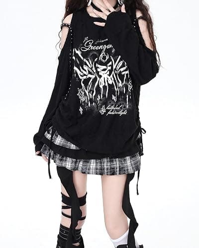 Women Goth T Shirt Harajuku Anime Graphic Y2K Tops Long Sleeve Off Shoulder Grunge Aesthetic Clothes thumbnail 4