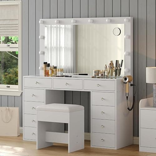 11 Drawers Vanity Desk with Power Outlet, Makeup Vanity with Mirror and 12 LED Lights, 3 Lighting Modes, Vanity Set, Glass Top, Dressing Table for Bedroom,Dressing Room, White thumbnail 4